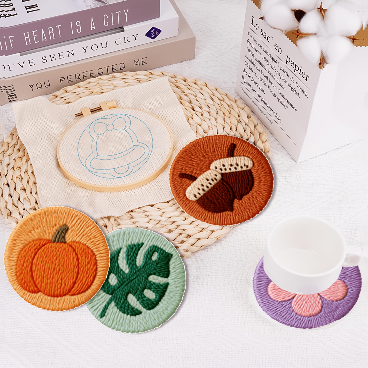 6pcs Round Coaster Thread-through Embroidery Kit for Beginners
