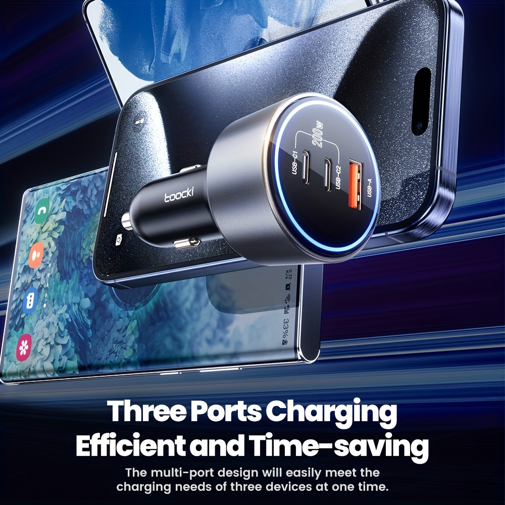 Toocki 200W (100W C1 + 100W C2) Chargeur de Voiture Rapide, 2C + 1USB Chargeur USB-C Rapide et Coloré, Compatible avec Téléphones Mobiles et Tablettes
