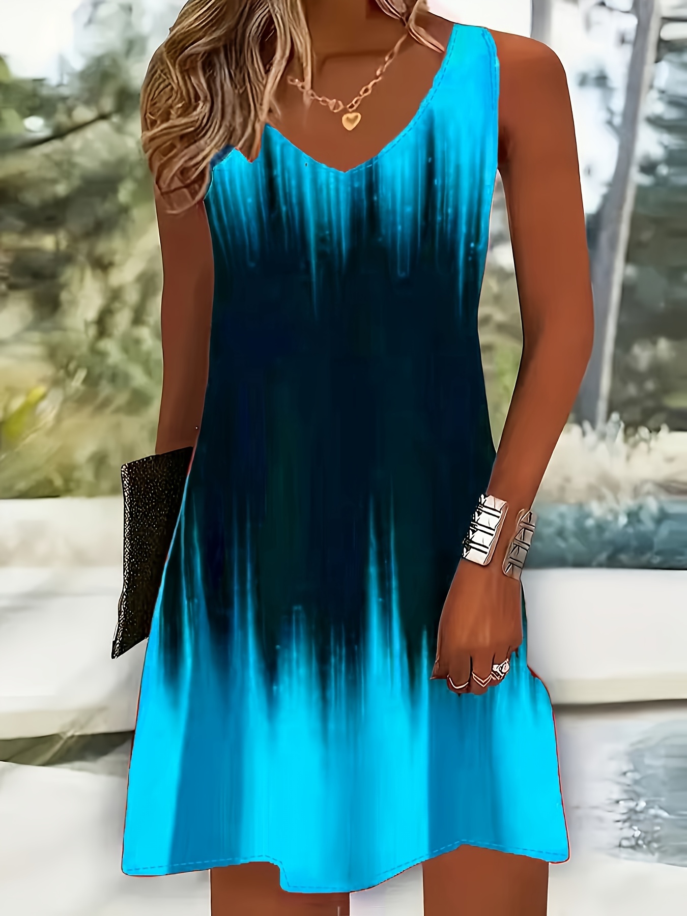 womens casual v neck fiber gradient color sleeveless spring and summer dress