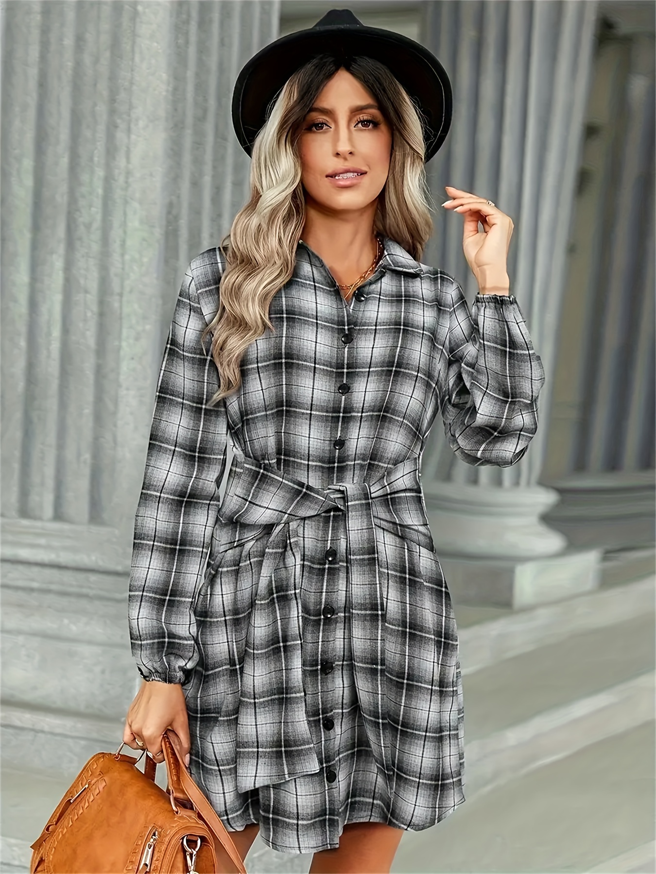 Vestido camisero con estampado de cuadros, vestido casual de larga con  cuello y cintura de encaje, para