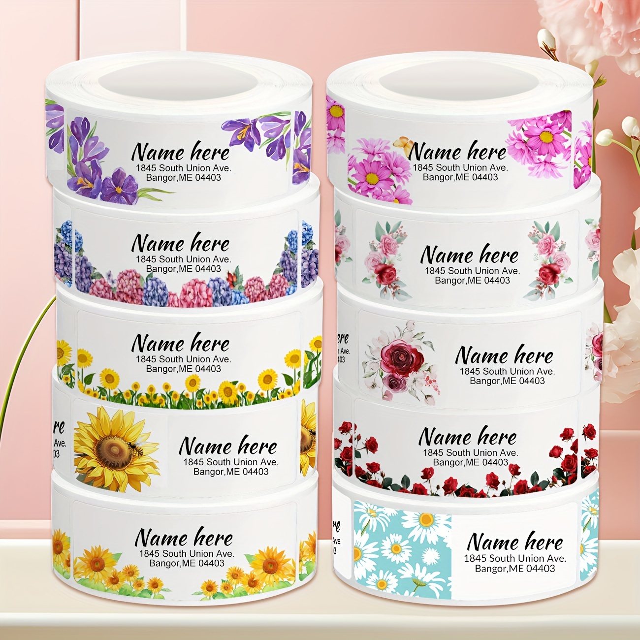 

2 Rolls Of Personalized Floral Address Labels - 2.5"x0.75" Custom Name & Return Address Stickers, Self-adhesive Paper, 60/250 Labels Per Roll - Vibrant Flowers Design For Envelopes & Packages