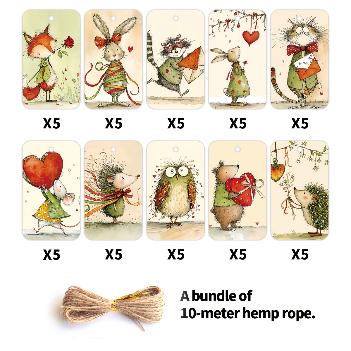 TEMU 50 stuks Vintage Dieren Hart Cadeaulabels met Touw, Leuk Waterverf Dierenontwerp, Papieren Feestdag Cadeau Decoratie Labels voor