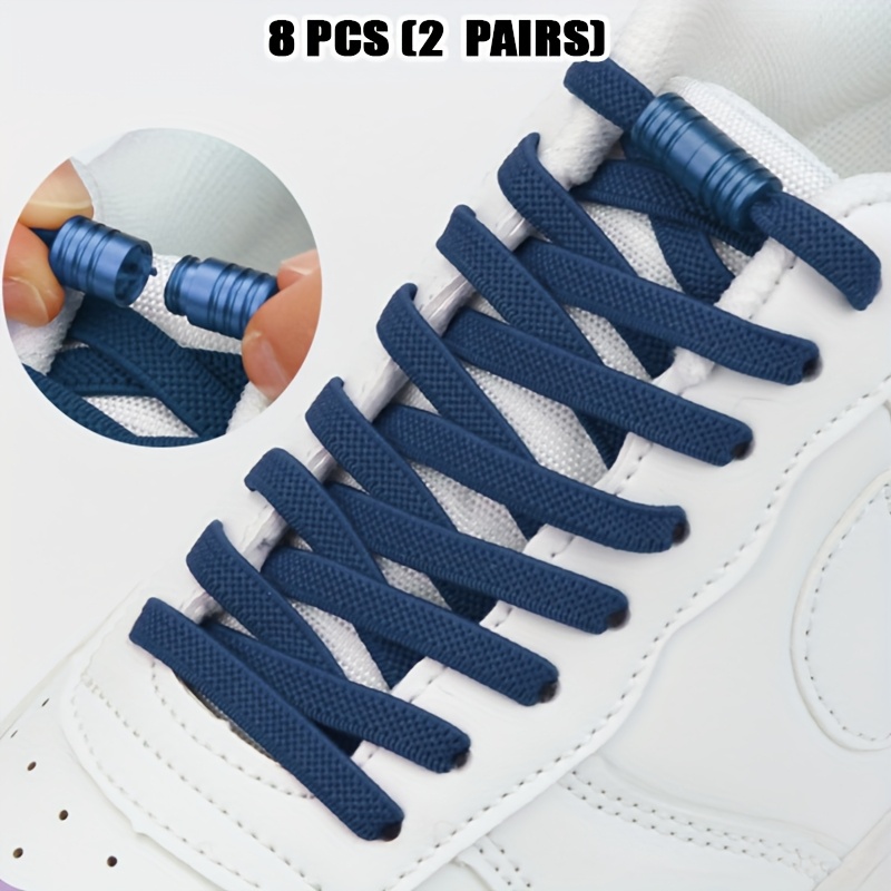 8pcs (2 Pairs) Flat/ Oval No Tie Elastic Shoelaces with Three Ring Colorful Metal Aluminium Capsules Buckles for Sport No-tie Lazy Shoe Laces