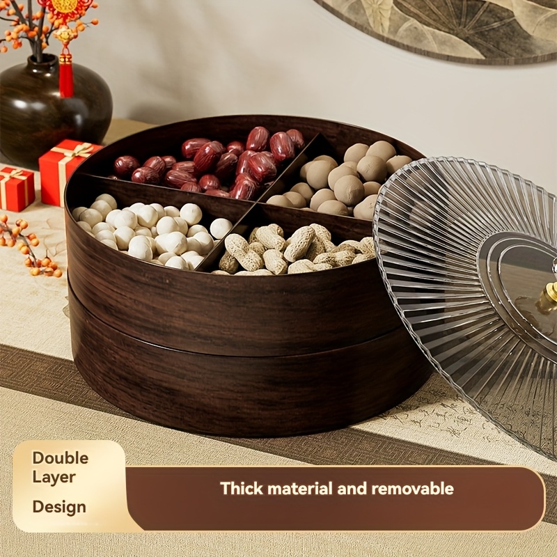 

A Wooden-patterned Four-compartment Fruit Tray With A Lid, Featuring A , Removable Two-layer Design Not Easily Breakable. The Lidded Candy Dish Is Suitable For Weddings And Holidays.