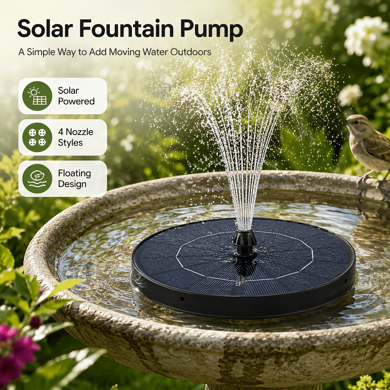 Solar Fountain Pump For Bird Bath – 1.5W, 8 Nozzles, 4 Fixed Pipes, 2025 Upgraded, Floating