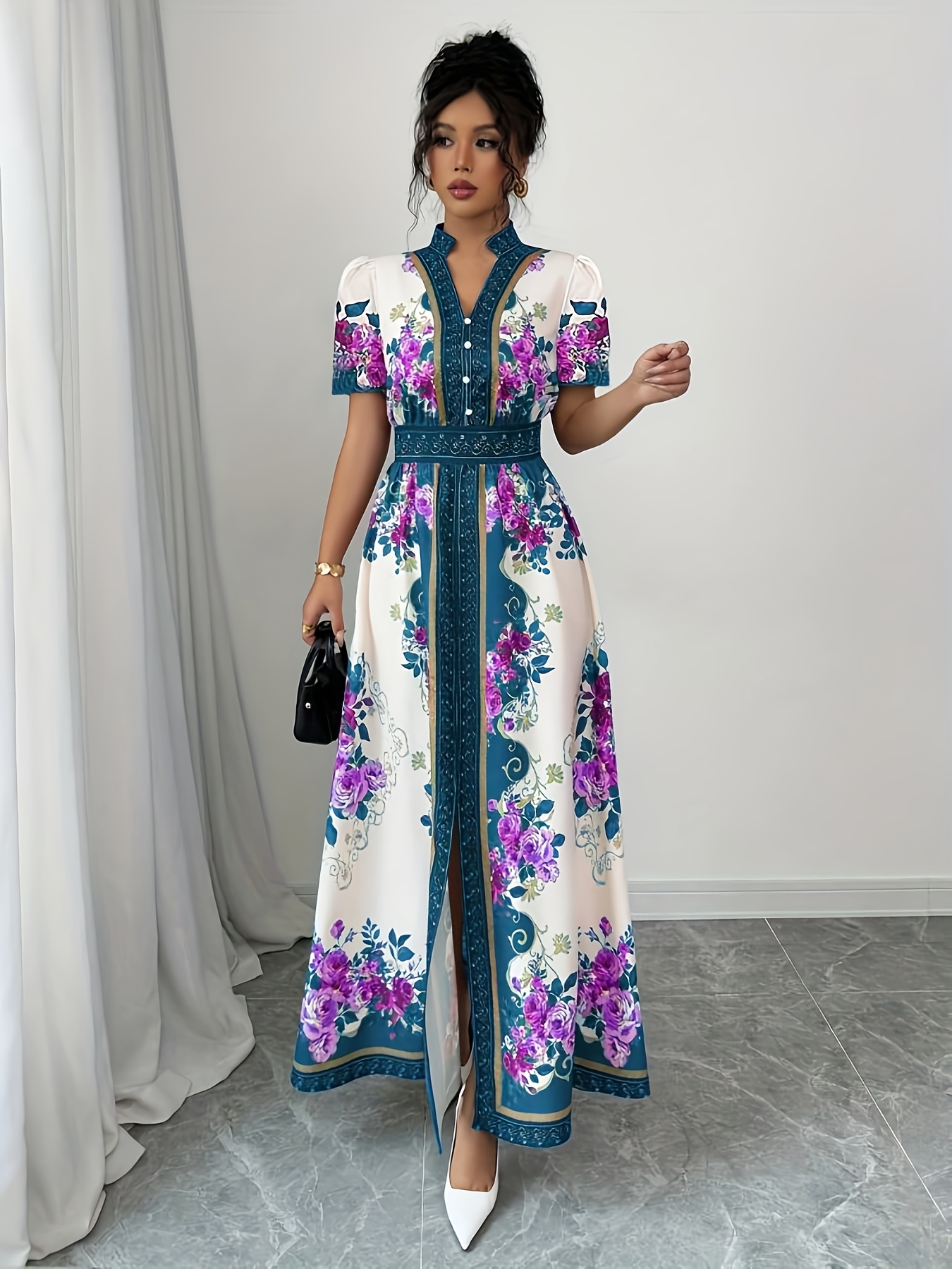 womens floral print elegant a line dress with stand up collar puff short sleeves machine washable summer long dress with side   regular fit for casual formal occasions cute dresses Product details 13
