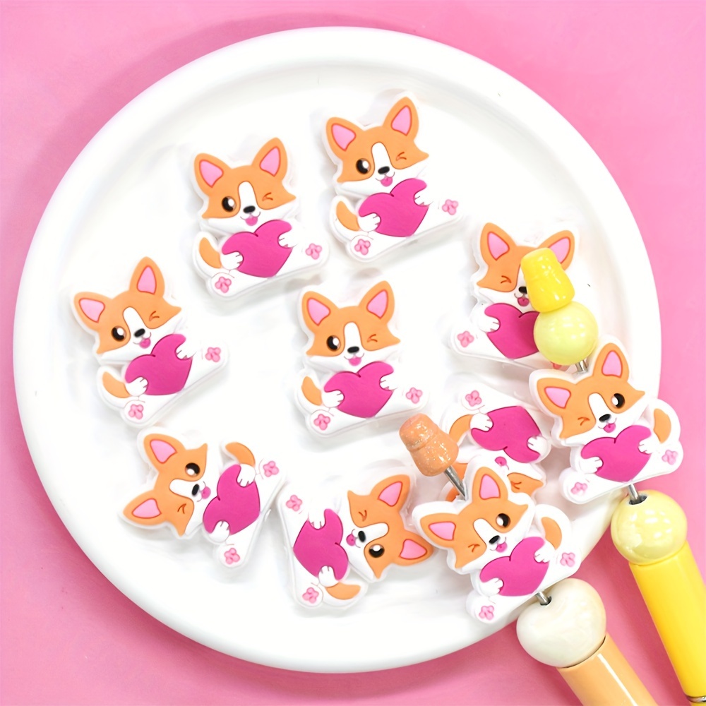 

10pcs Animal Series Pvc Plastic Beads With Heart And Little Fox Design For Keychain Craft Decorations