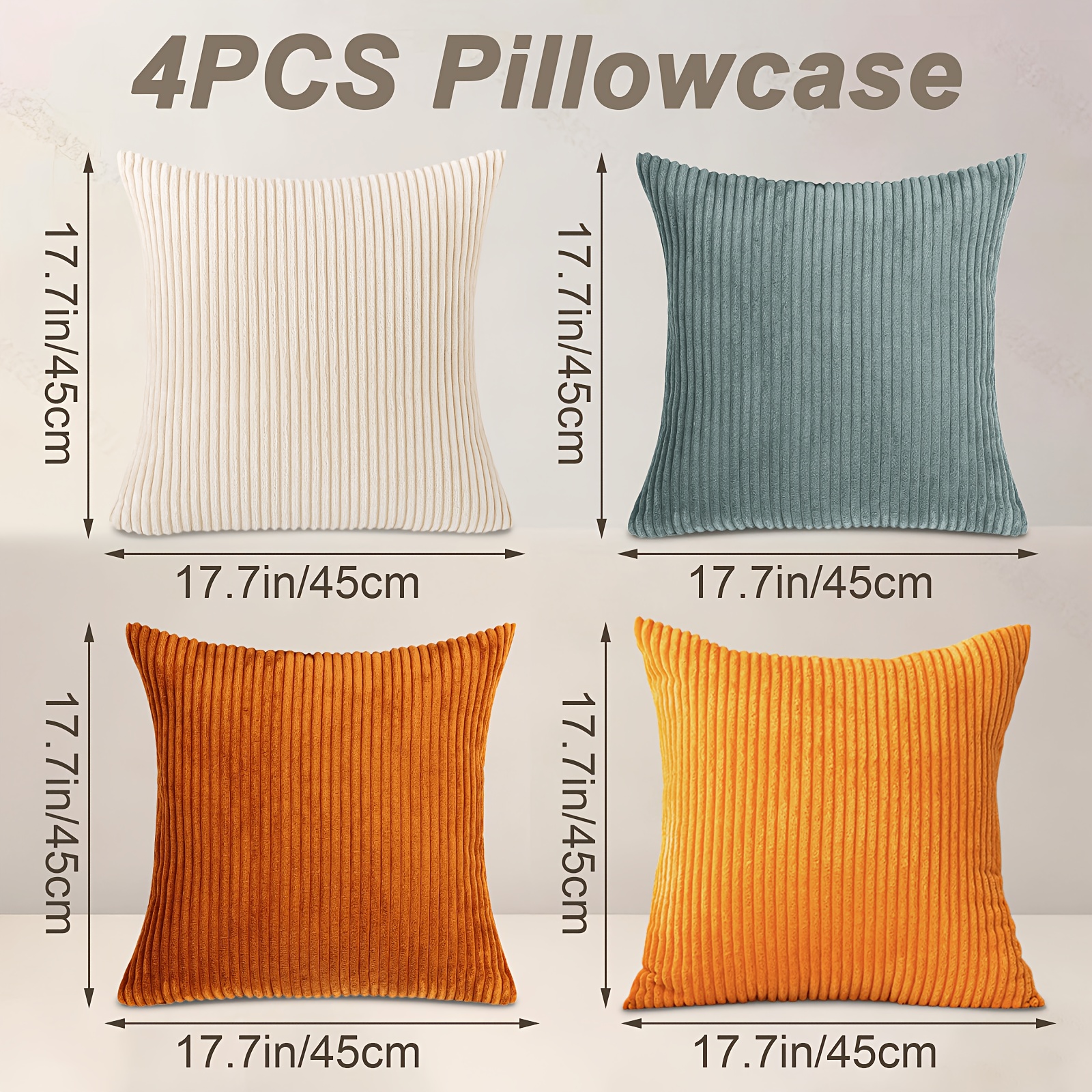 Image of 4pcs Striped Corduroy Throw Pillow Covers, Soft Textured Decorative Cushion Cases, Square Sofa Pillowcases For Couch Bedroom Living Room, Decor Gift For Birthday Christmas