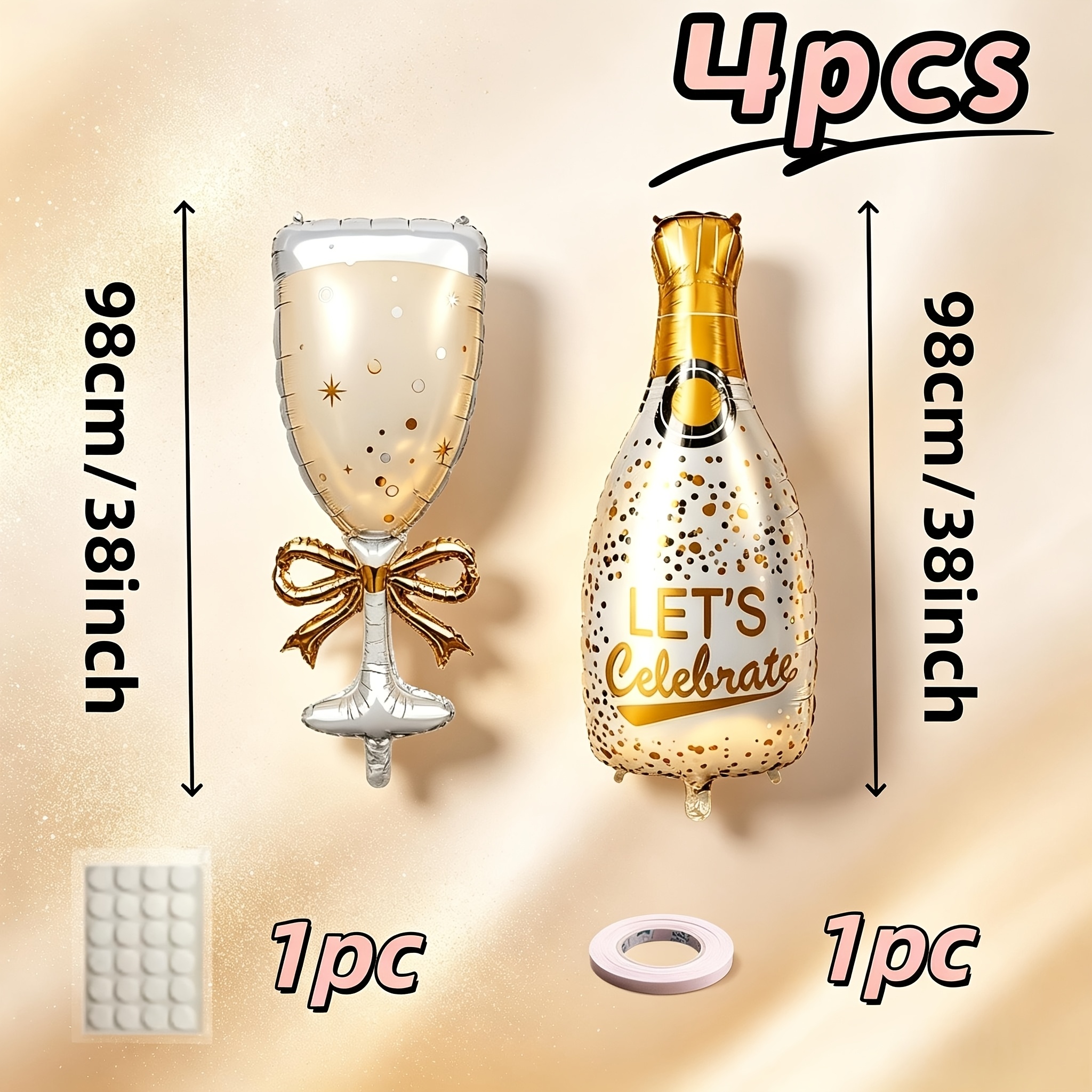 TEMU 4pcs Balloon Roo Large Champagne Bow Glasses & Foil Balloon Bottle Caps Suitable For Weddings, Birthdays, Parties - Champagne-themed Ribbon Bow