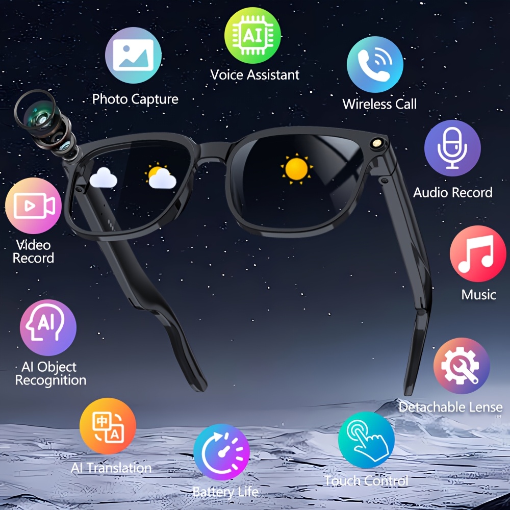 Lunettes intelligentes IA avec caméra 800W, équipées d'enregistrement vidéo anti-tremblement, double fonctionnalité, transmission en temps réel, appel sans fil et assistant vocal IA intelligent. Elles offrent une traduction en temps réel et une reconnaissance d'objets. Ces lunettes polyvalentes