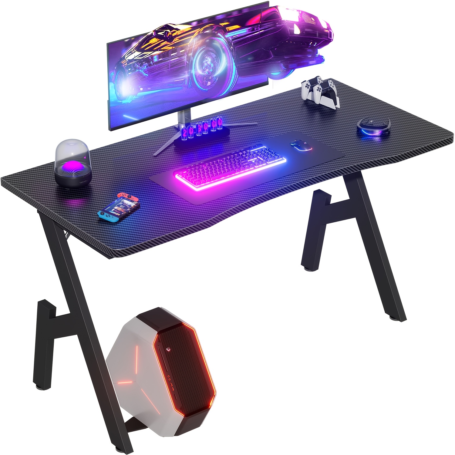E-shop Furnishia 32 Zoll Gaming-Tisch mit Carbonfaser-Tischplatte, Moderner Computertisch mit Beinkissen, Ergonomischer Schreibtisch für Stabile