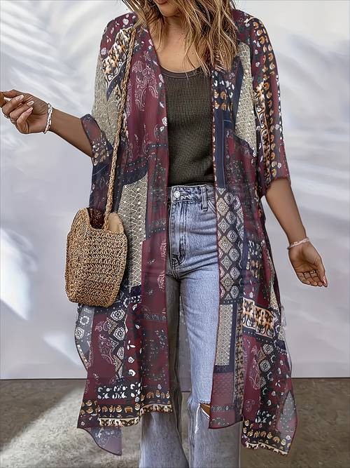plus size womens boho chic kimono cardigan semi sheer bohemian wrap top with side slits non stretchy fabric for casual formal size friendly everyday to party outfits festival attire design flowy drape stylish coverup fashion enthusiasts