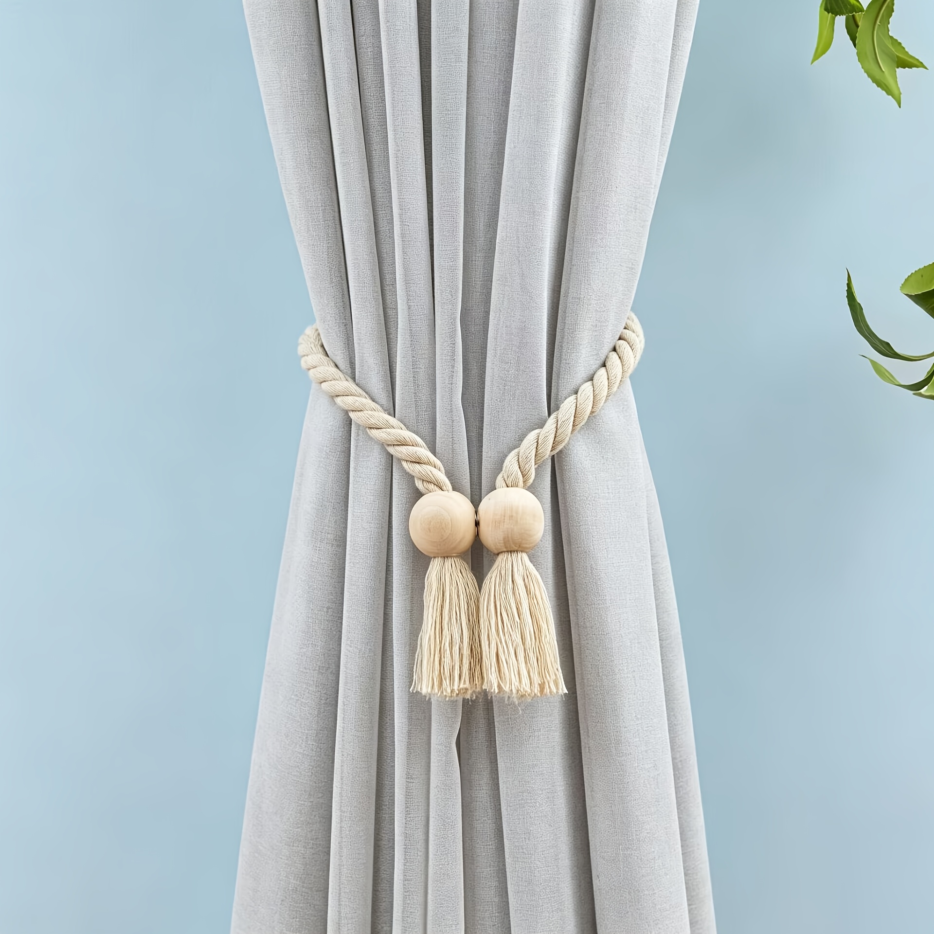 TEMU 1pc Bohemian Style Handmade Magnetic Curtain Tieback, Simple Wooden Tassel Curtain Hook, Creative Curtain . Suitable For Bedroom, Living Room,
