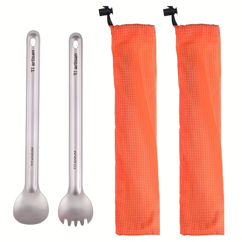 TEMU Tartisan 2pcs Pure Titanium Outdoor Ultralight Portable Sandblasted/semi-polished Long Handled Serving Spoon Set, Hiking Picnic Utility Fork And