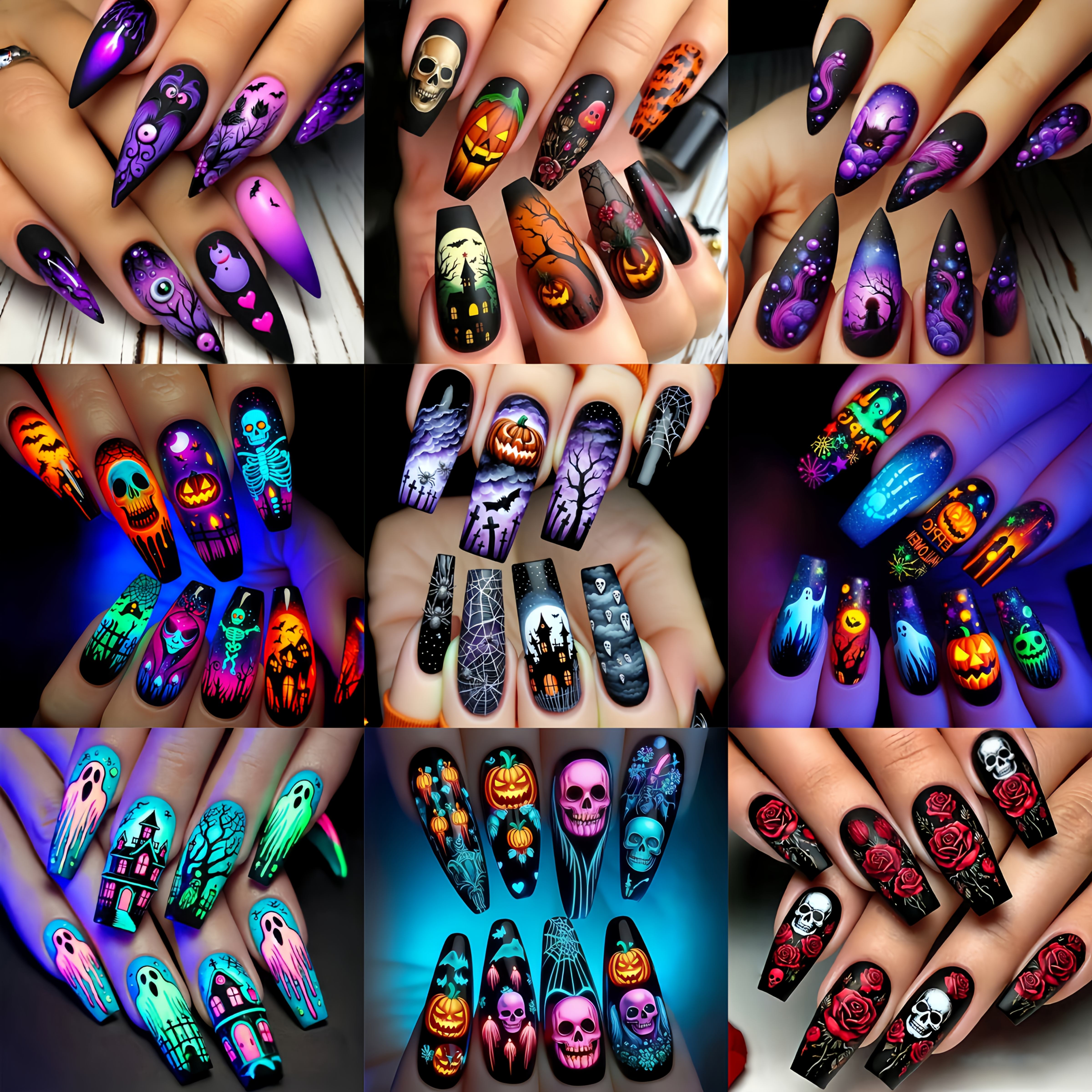 216pcs Halloween Press-on Nail Set, Bat Pumpkin Design, Shiny Multicolor , Detachable Medium-length Ballet Fake Nails
