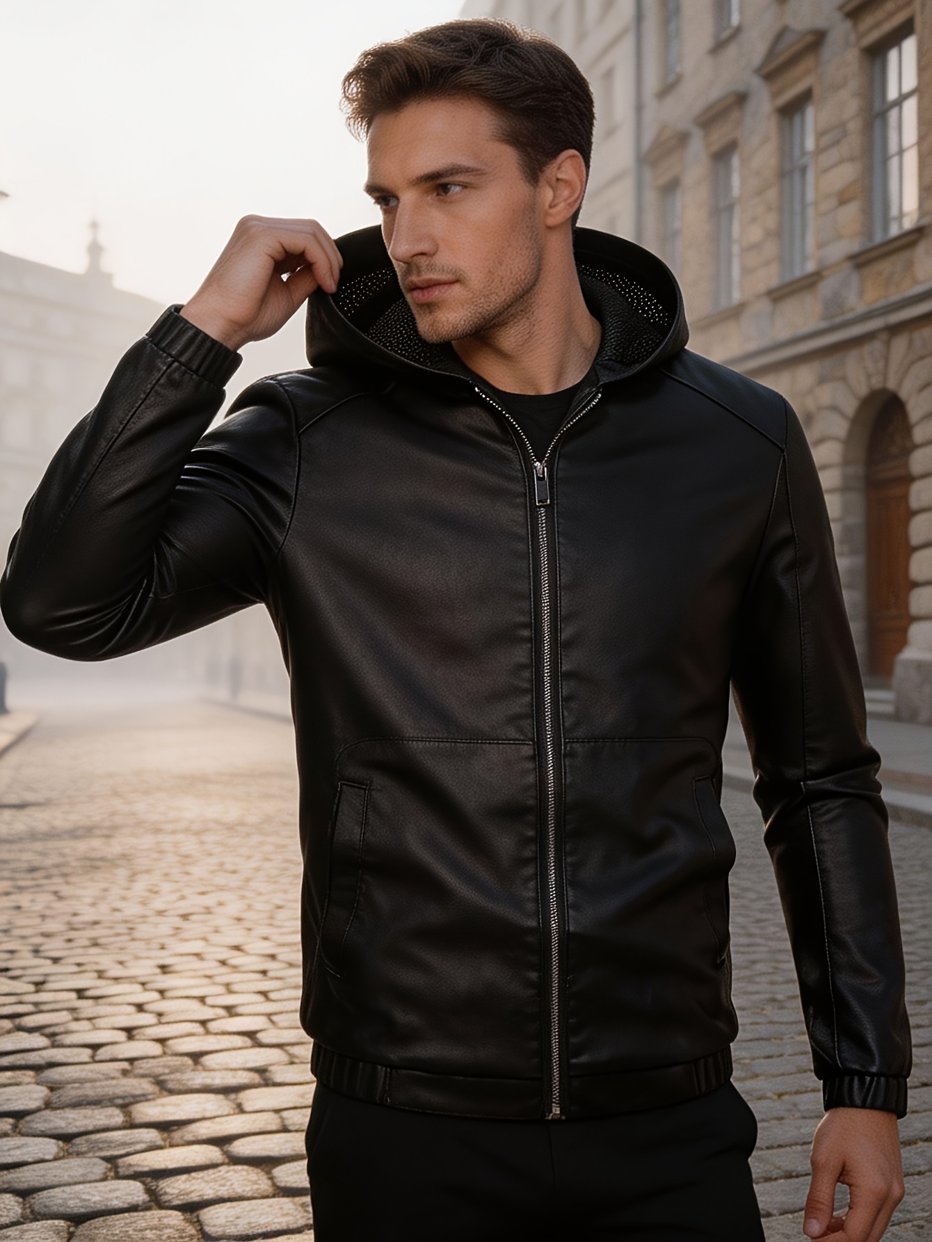 leather jacket hoodie sold on Temu United States
