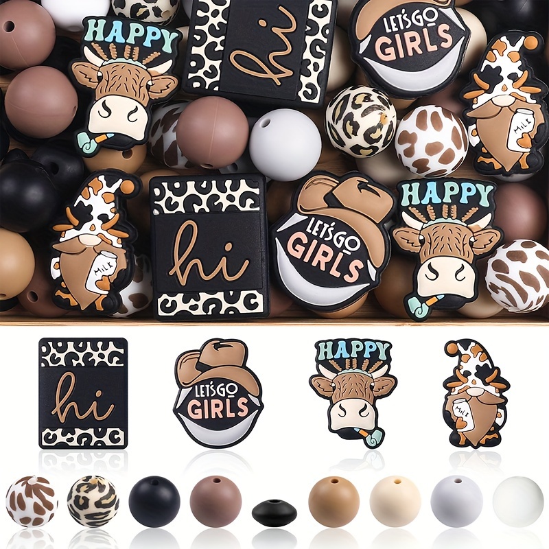 

89-piece Cowboy & Cow Theme Silicone Bead Set For Diy Jewelry, Keychains, And Crafts - Assorted Shapes