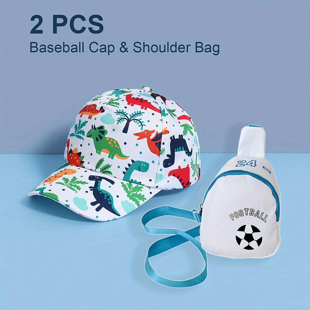 

2pcs/set, Dinosaur Baseball Cap And Football Print Cross Shoulder Bag For Spring/summer Vacation