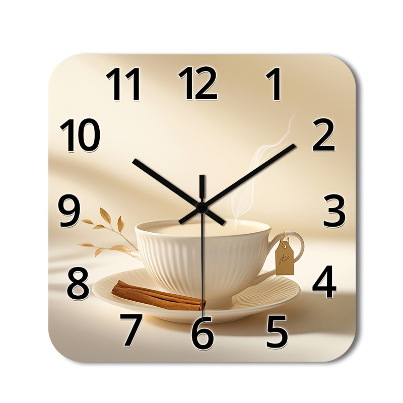 TEMU 1pc Of A Non-ticking Wooden 2d Flat Wall Clock With A Decorative Square Design, Featuring A Glossy End And A Coffee Cup With A Along With Clock