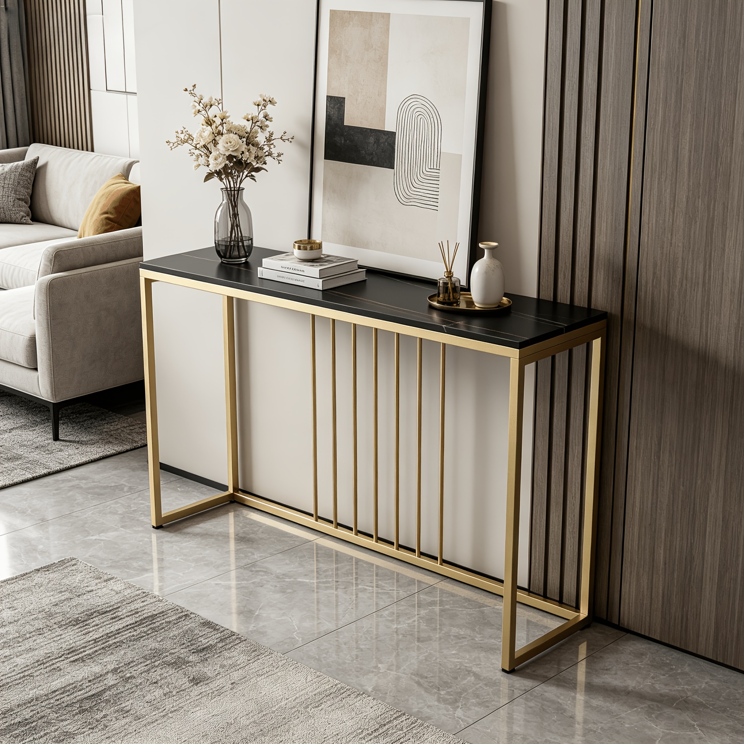 Unho Console Table Marble Golden Narrow: Scandinavian Entrance Table With Golden Metal Frame - Hallway Table For Bedroom Living X 30 X 79