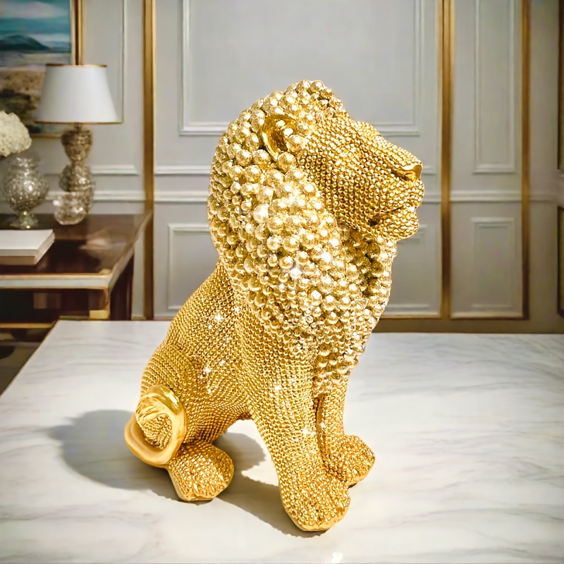 Golden Beaded Lion Statue - Elegant Resin Desk Decor for Living Room, Bedroom, Office | Ideal Gift for Father'S Day, Mother'S Day, Easter, Graduation | Versatile Home Decoration, Bedroom Decor|Luxurious Lion Design|Detailed Craftsmanship, Lion Decor