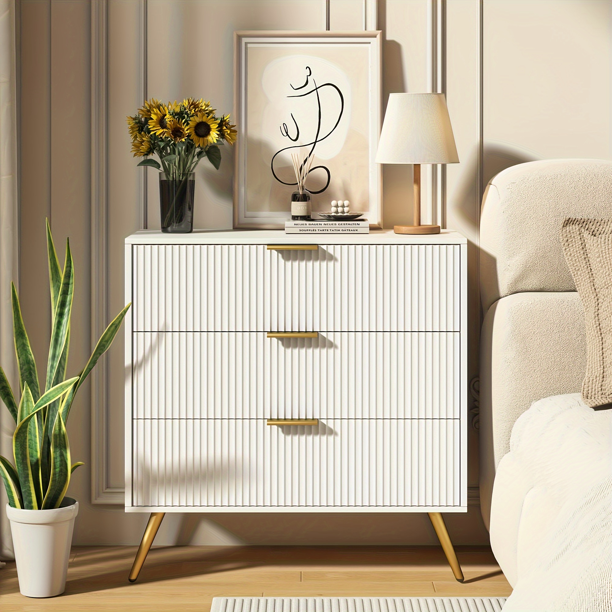 

Fluted Accent 3 Drawer Dresser Chest Of Drawers With Wide Drawers Metal Legs Storage Dressers Chest For Bedroom, Living Room