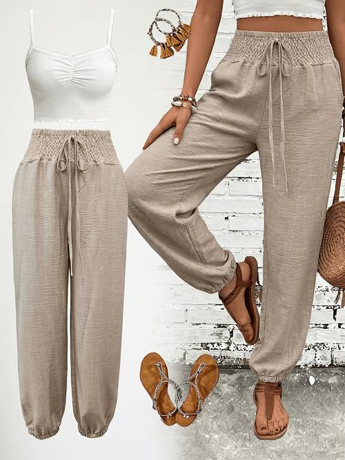 womens fashionable commuter solid color like drawstring waist pocket long pants stylish casual trousers