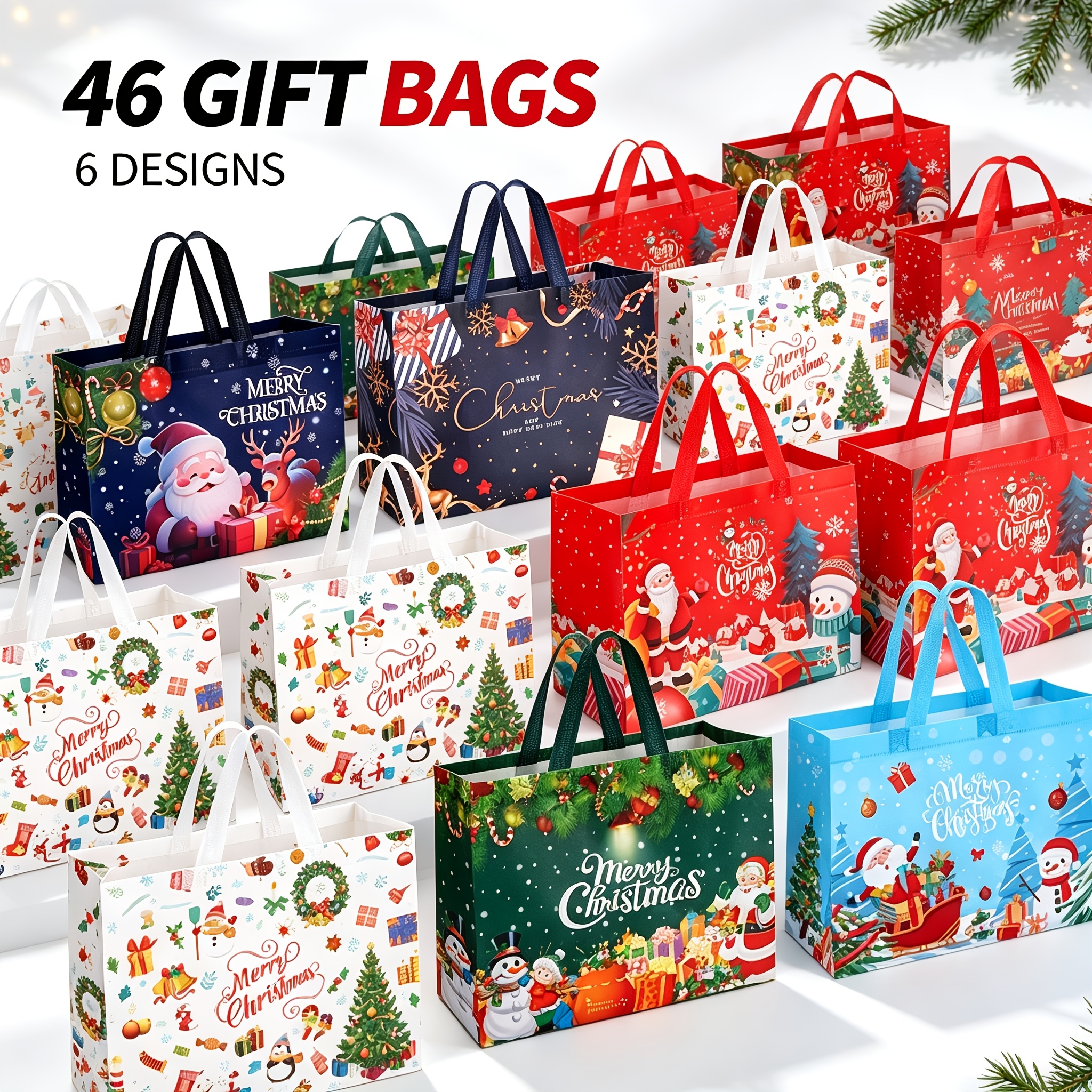 TEMU Random Pattern 46pcs Christmas Gift Bags With Handles - And Color, Durable Reusable Non-woven Bags For Xmas Party Supplies, Holiday Xmas Party