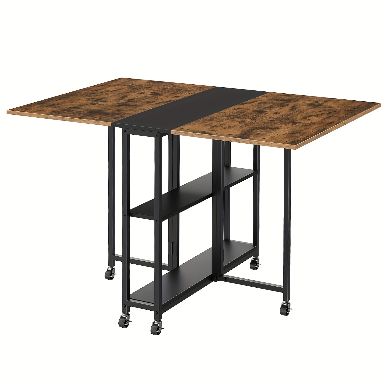 47.4 Inch Long Folding Dining Table, Retro Style Folding Computer Desk, With Wheels And Shelves, Easy To Assemble, Suitable For Small Spaces, Study, Dining Room, Rustic Brown