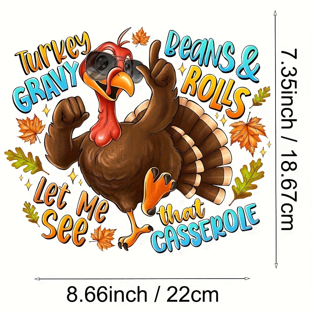 TEMU 4pcs Thanksgiving Turkey Wearing Glasses Iron-on Heat Transfer Stickers - Maple Leaf & Letter Pattern Vinyl Decals For Diy T-shirts, Jeans,