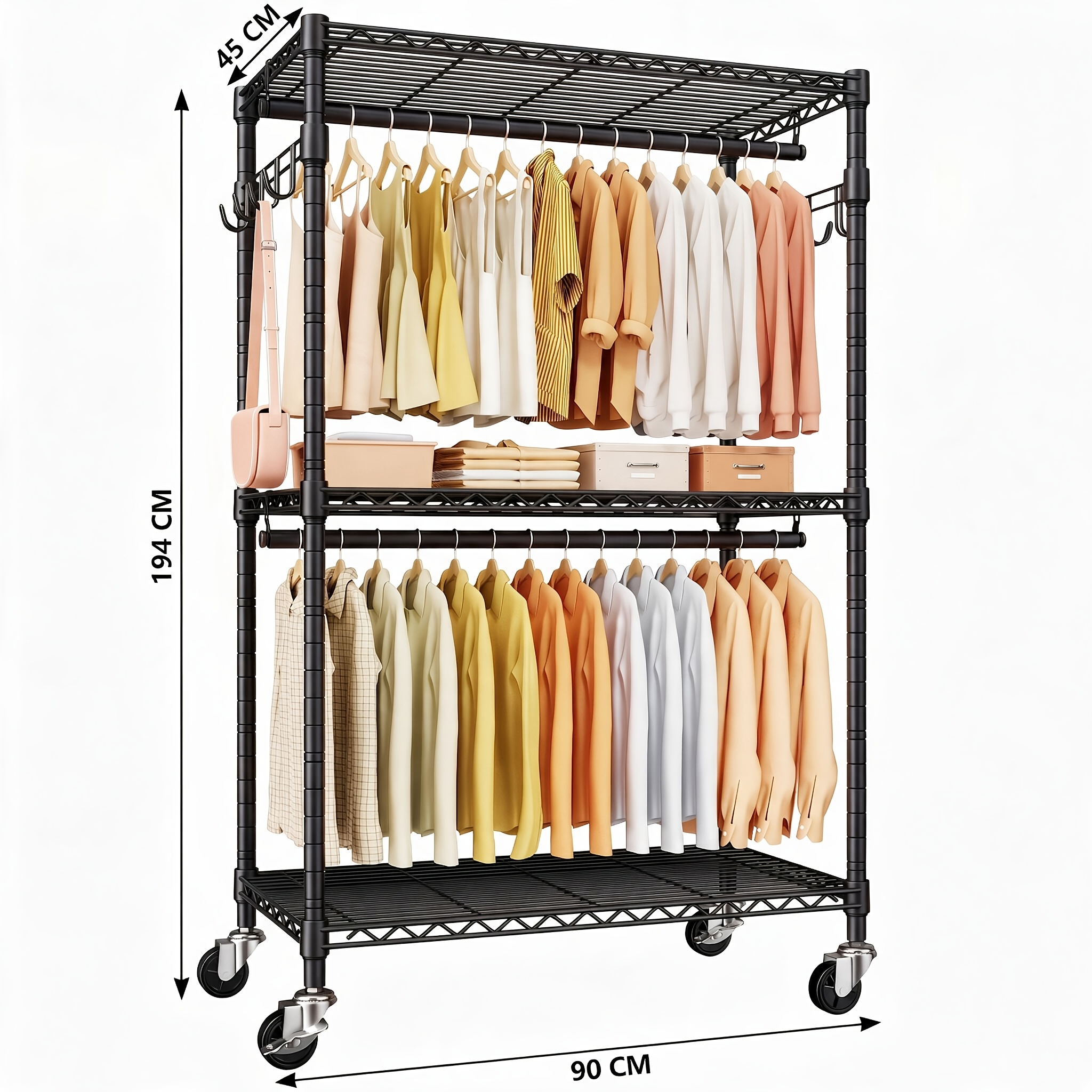 TEMU Rolling Garment System | 3-tier With Dual Rods And 2 Side Hooks | 450lb Carbon Steel Closet On Locking Wheels | For Boutique/warehouse/home