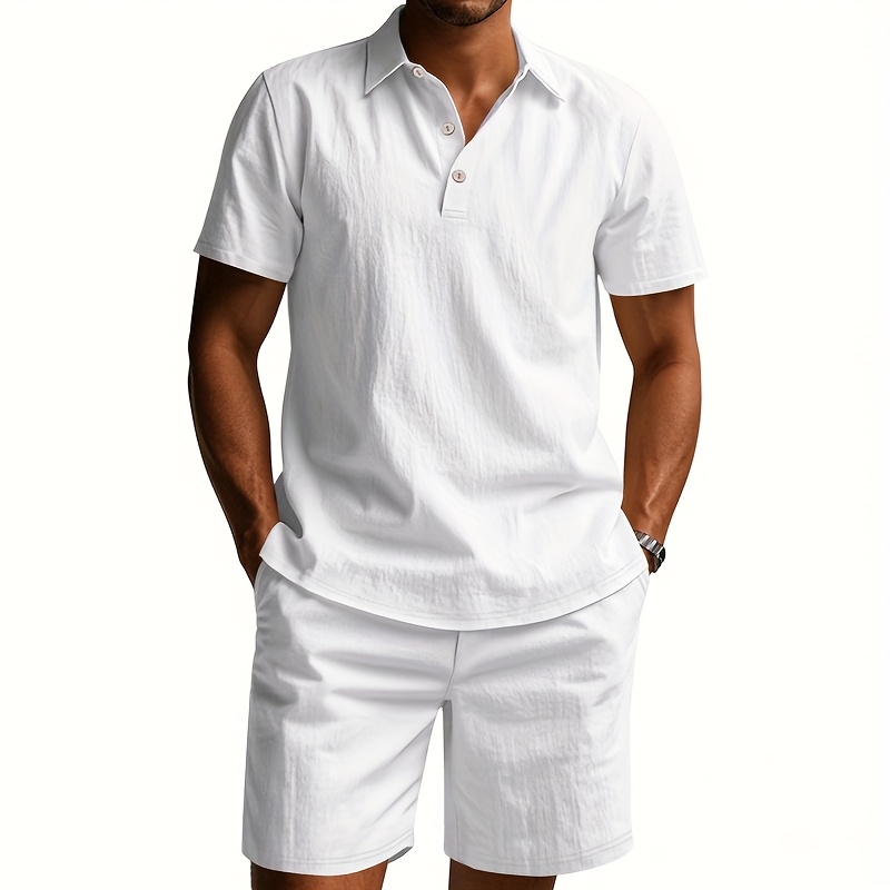 Men's Linen Short Sleeve Shorts Set, Summer Outdoor Sports Casual Breathable Short Sleeve Shirt with Shorts
