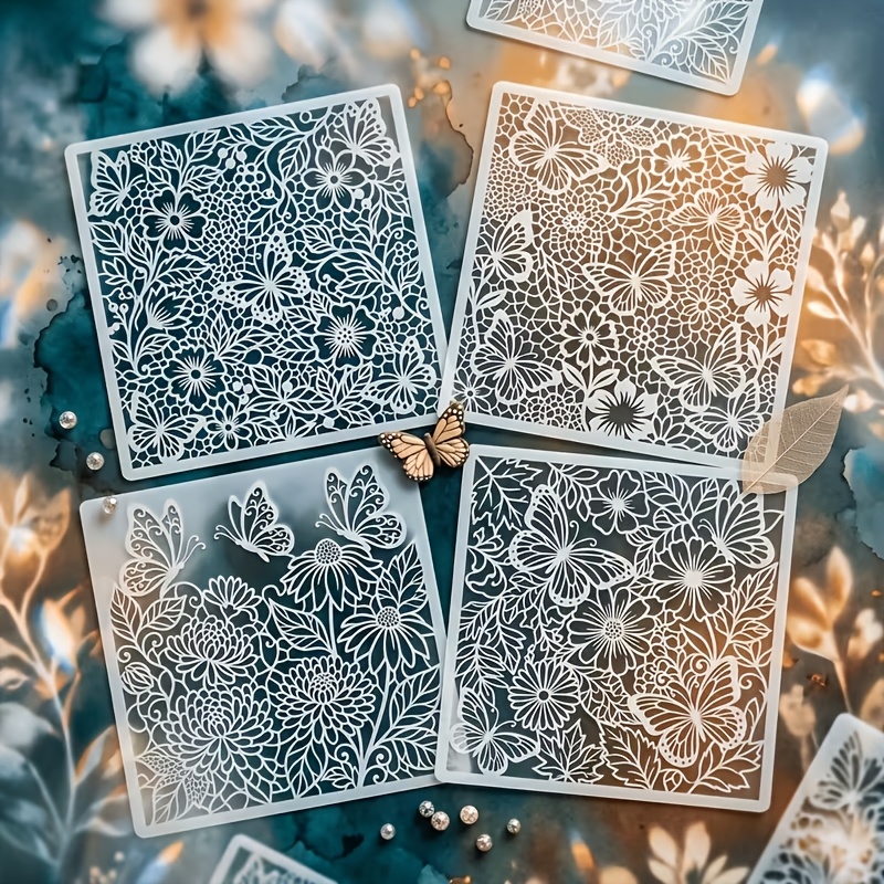 TEMU 4-pack Reusable Lace Hollow Stencils For Spray Painting, Card Making, Scrapbooking & Fabric Crafts Boho Style Templates With Exquisite Floral,