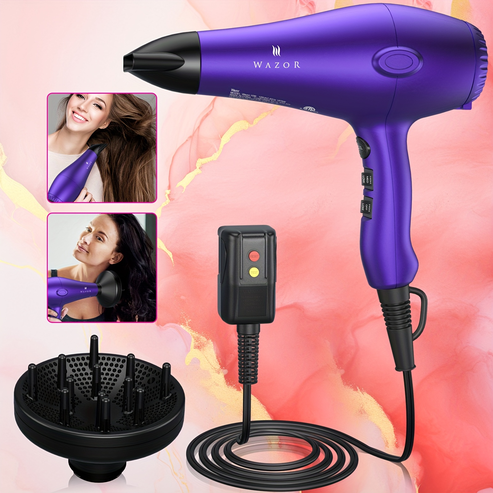 TEMU Light Weight Hair Dryer 1875w Ceramic Negative Blow Dryer With Diffuser & Concentrator
