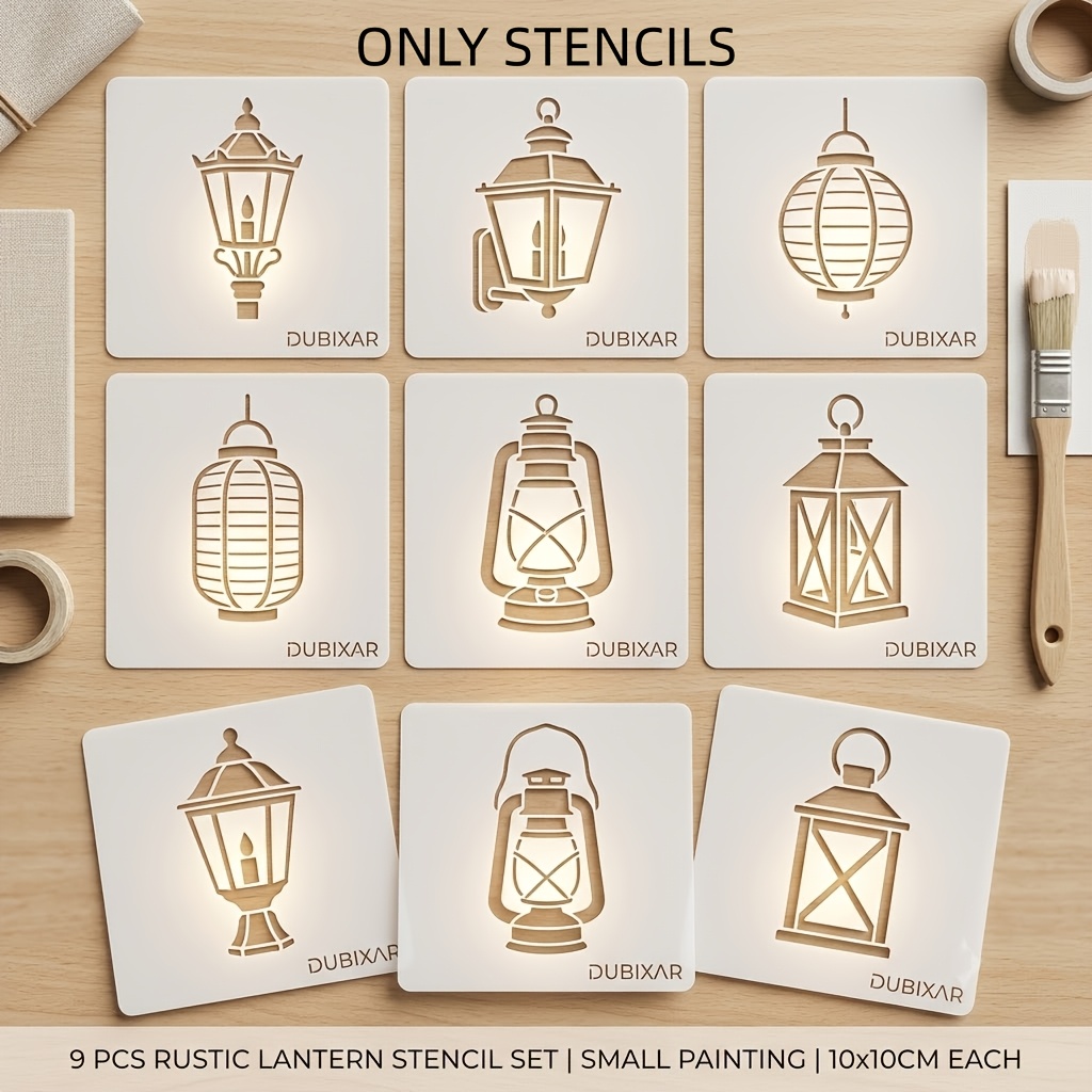 TEMU Dubixar 9-pack Rustic Lantern Stencils, 10 X 10 Cm Reusable Pet Vintage Lantern Painting Templates, Small Retro Lamp Craft Stencils For Wood