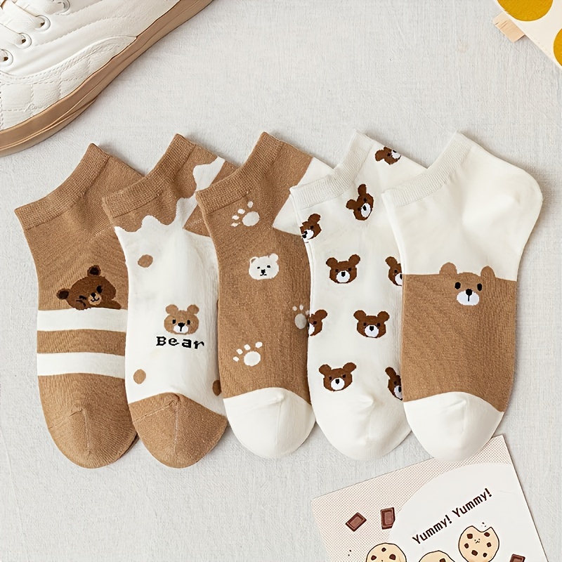 5 Pairs Spring Autumn Thin Breathable Socks 's Mid-calf Socks Brown Little Bear Cute Casual Cartoon Socks Adorable Women's Socks All-match Brown Women's Short Socks