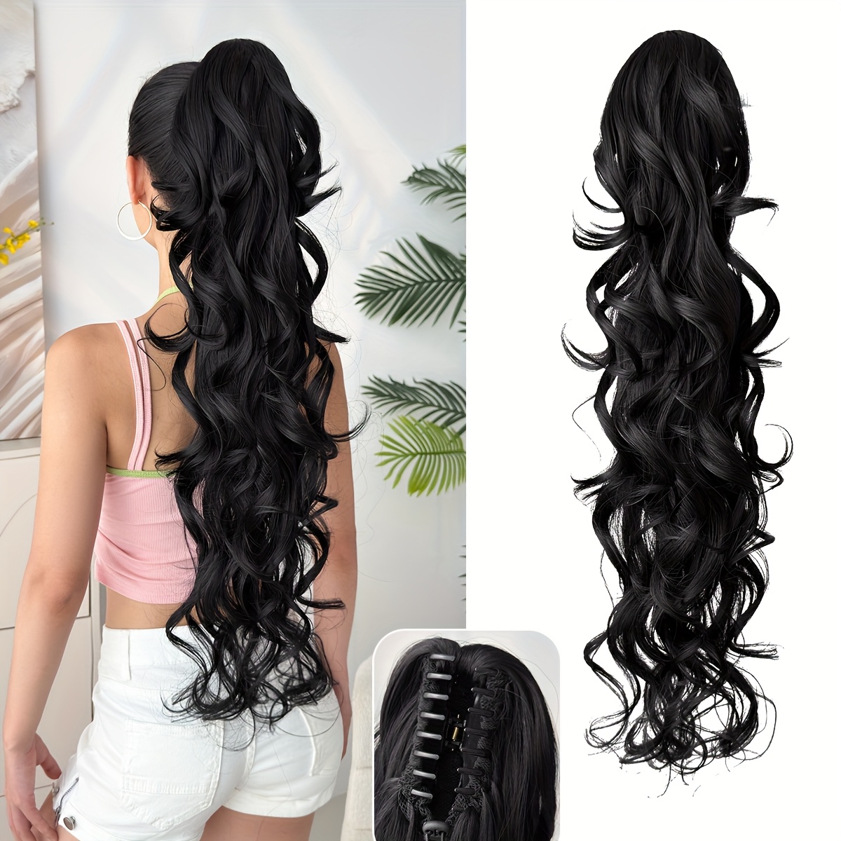 TEMU Extensiones de Cabello de 30" con Clip de Garra y Ondulado, Pequeño Clip en de Cabello, Extensiones de Cabello Sintético con Clip de Mandíbula