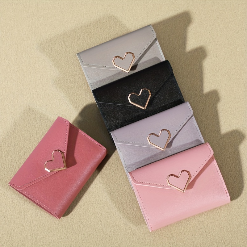 

Trendy Short Heart Buckle Decor Short Wallet, Solid Color Clutch Coin Purse, Versatile Credit Card Holder