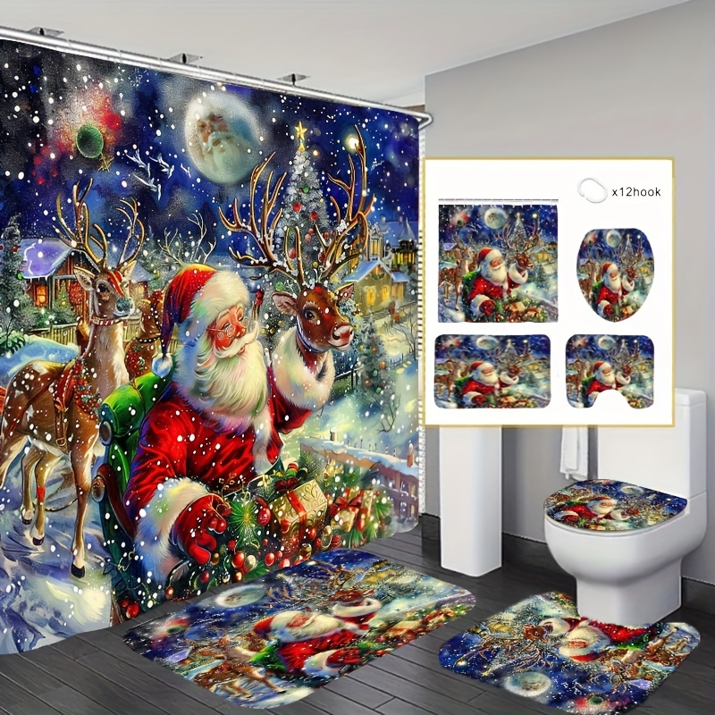 

Jolly Christmas Bath Curtain Set With 12 Free Hooks - Waterproof Polyester Fabric, Machine Washable, Digital Printing, Bathroom Decor - Size 70.8x70.8" / 180x180cm