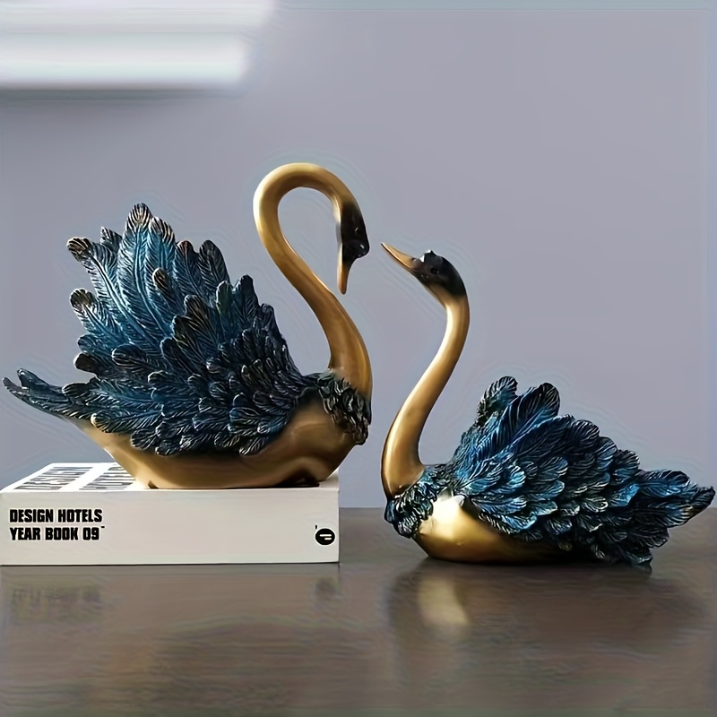 A Pair of Swan Statues – Luxurious Golden And Blue Resin Decorations for Living Room, Wine Cabinet, And TV Cabinet | Modern Home Decor Swan Decorations Desktop Ornaments Restaurant Wall Decorations Wall Stickers Decoration Office Entrance Ornaments
