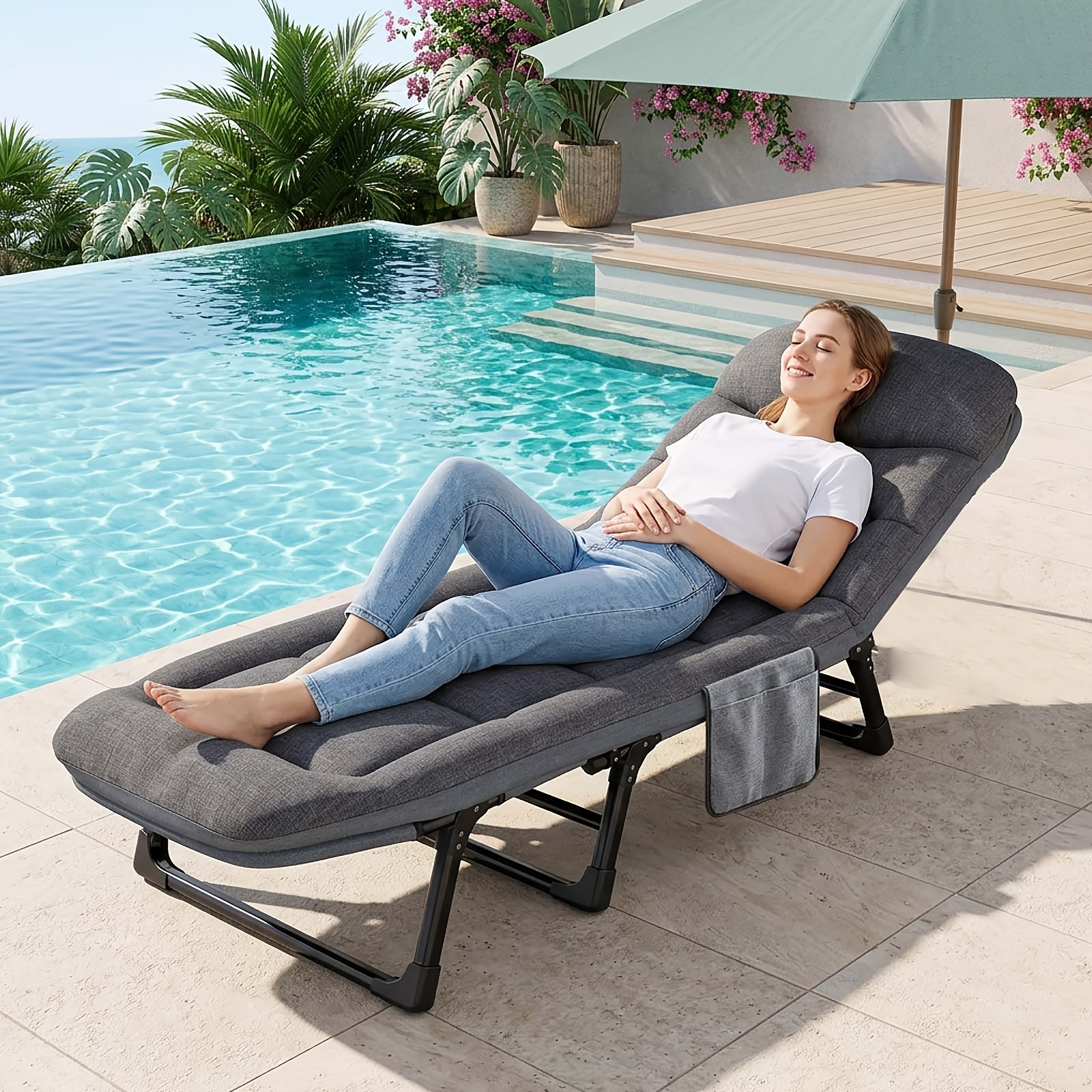 E-shop 6-Gang Verstellbares und Faltbares Outdoor Campingbett mit Weichem Kissen, Maximale Belastbarkeit 200 kg, Geeignet für Outdoor, Camping, Auto,