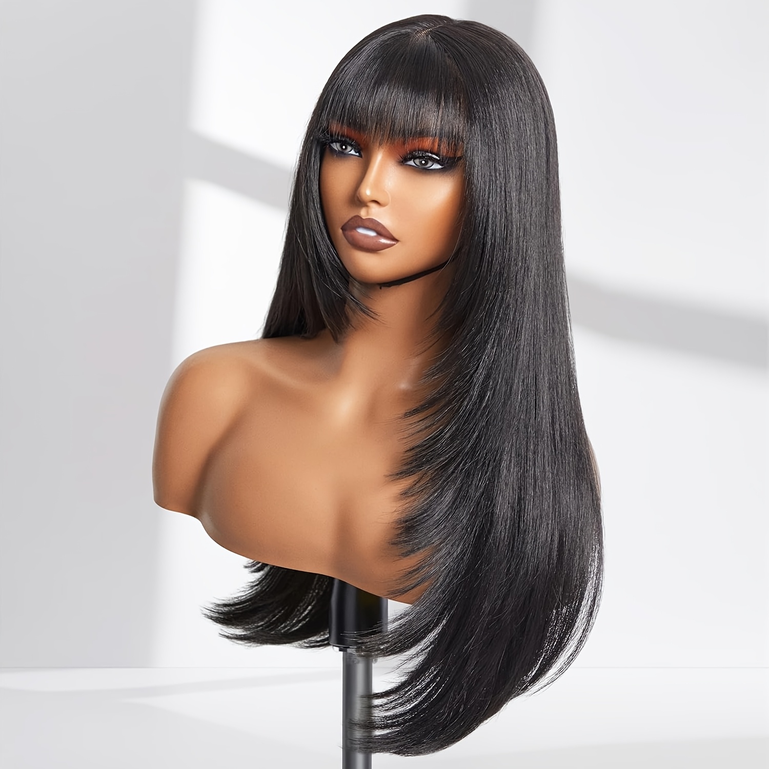 

Long Straight Layered Wig With Bangs Glueless Synthetic Bangs Wig 26 Inch Put On And Go Wigs Fiber Cut Layered Wig For Women Daily Use