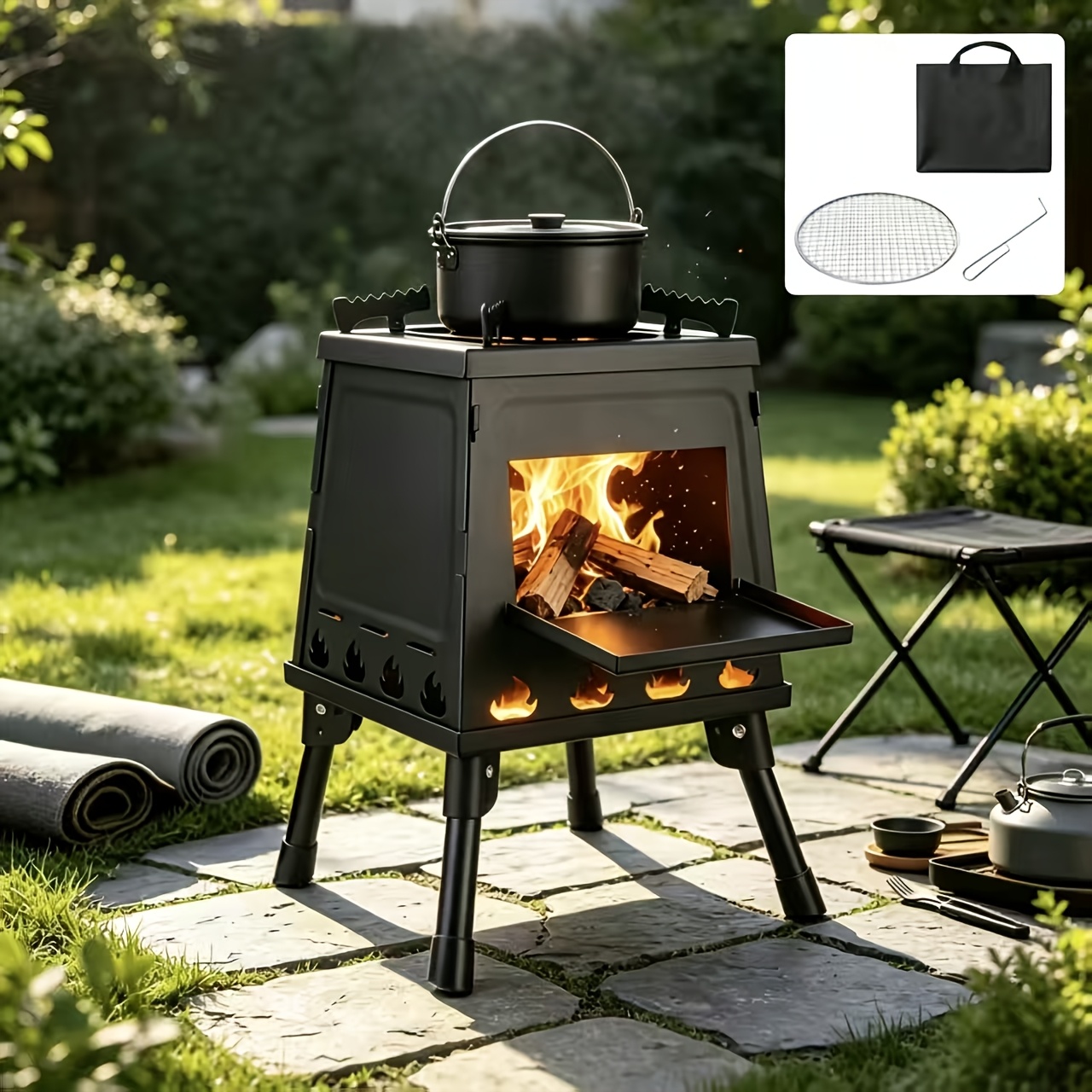 TEMU 1 Portable Wood-burning Camping Stove, Outdoor Folding Camping Wood Stove, With Wood Box Opening, Ash Pan And Stable Feet, Local Inventory