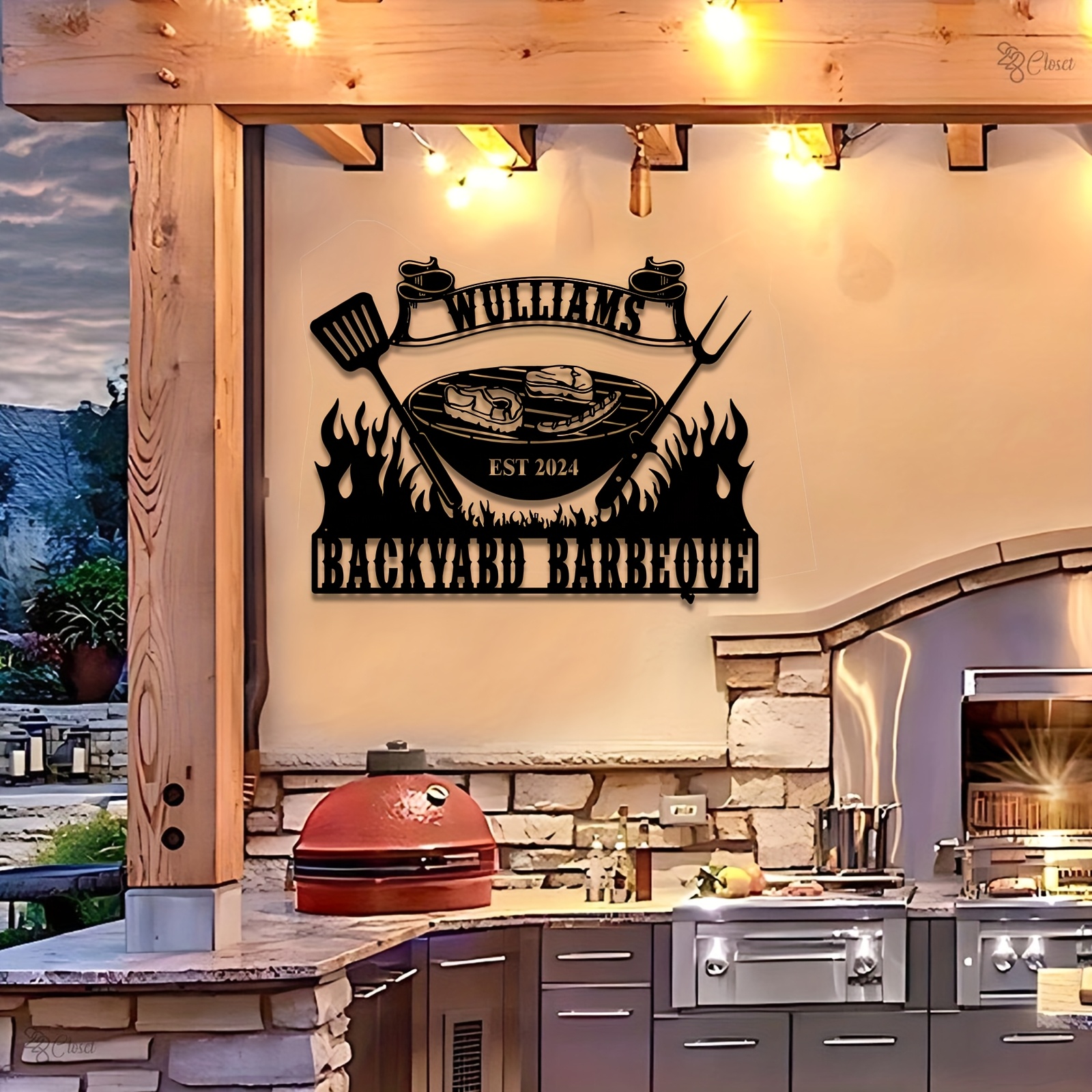 TEMU 1 Stück Individuelles Großes BBQ-Schild – Personalisierte Metall-Wandkunst mit Flammen- und Grilldesign, Langlebige Deko für Garten, Küche oder