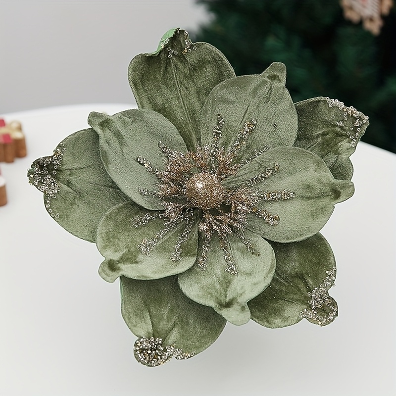 TEMU Set Of 2 Poinsettia Christmas Magnolia With Glitter, 9.4-inch Stems, Perfect For Holiday Decorations, Weddings, Wreaths, And Photo Props
