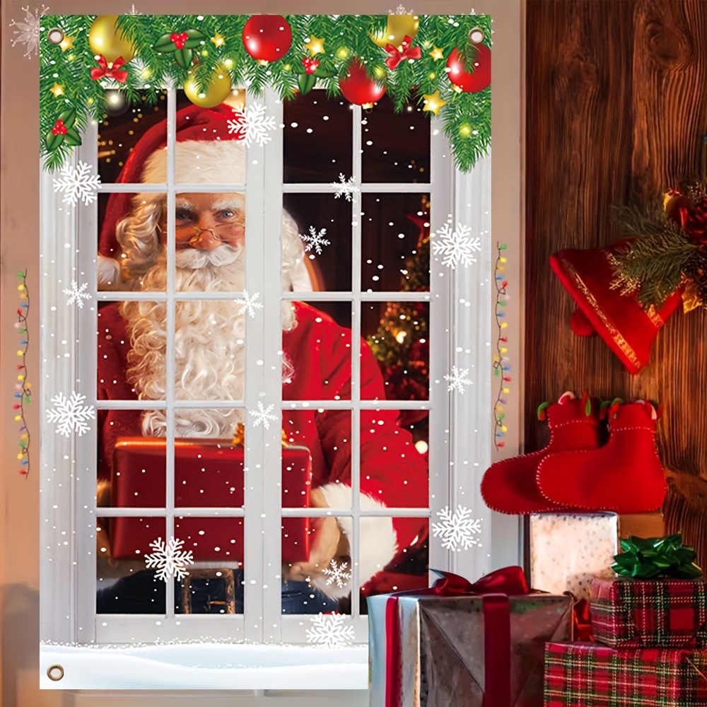 

Merry Christmas Window Banner With Santa Claus - Holiday Party Decor, Indoor Home Wall & Window Display