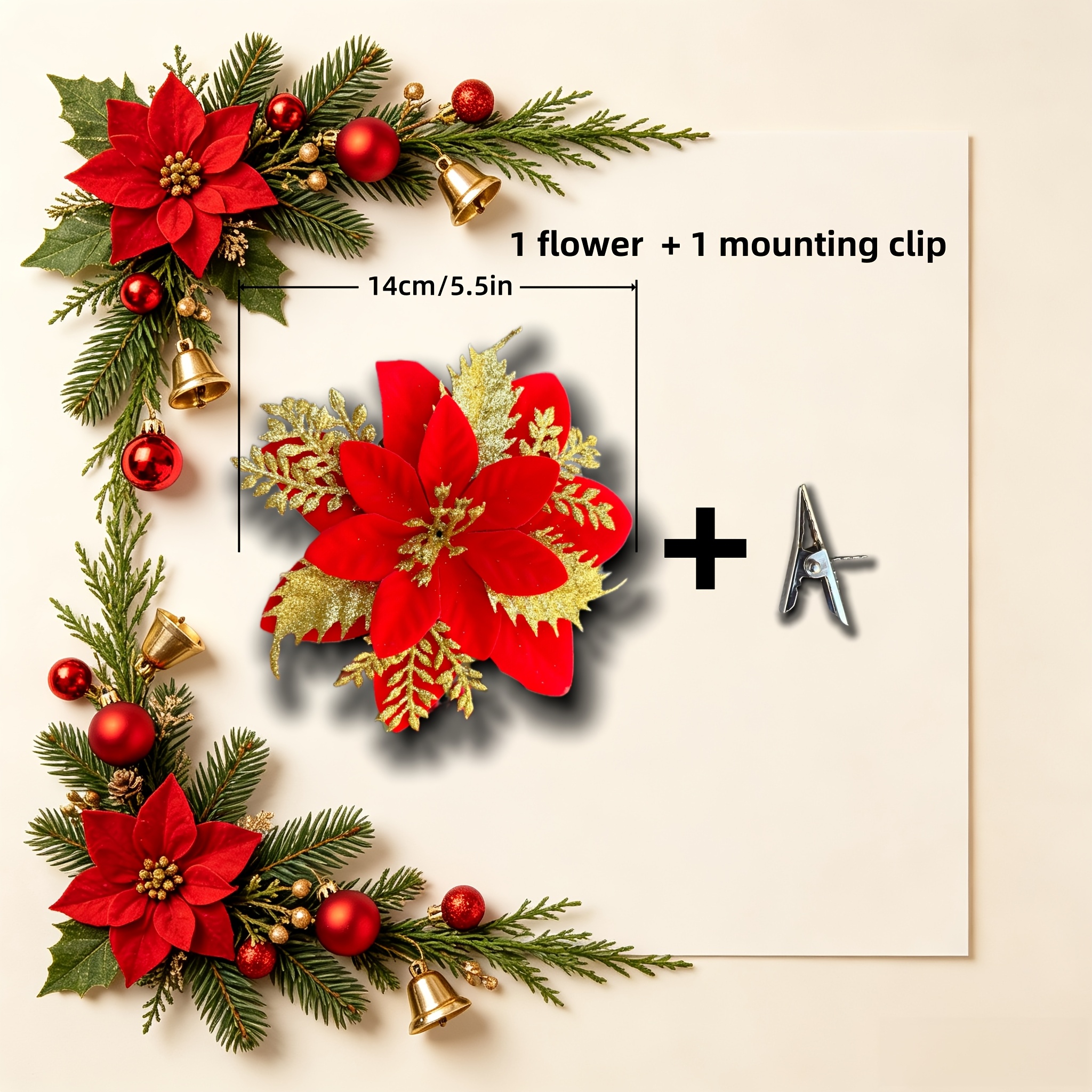 TEMU Christmas Decoration Red And Golden Poinsettia Artificial Flower 1pc Flower And 1pc Installation Clip Christmas Wreath Decoration Wreath