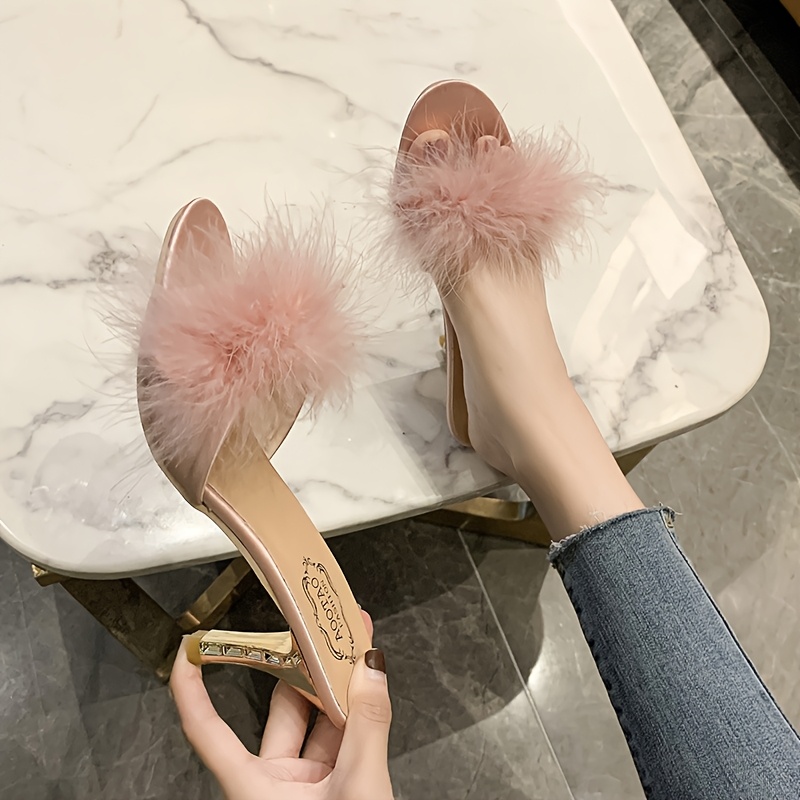 women's pink fluffy feather high heel sandals stylish summer