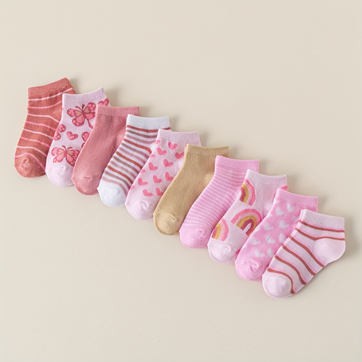Image of 10 Pairs Of Heart, Rainbow, And Pattern Girls' Socks For 4 Little Girls