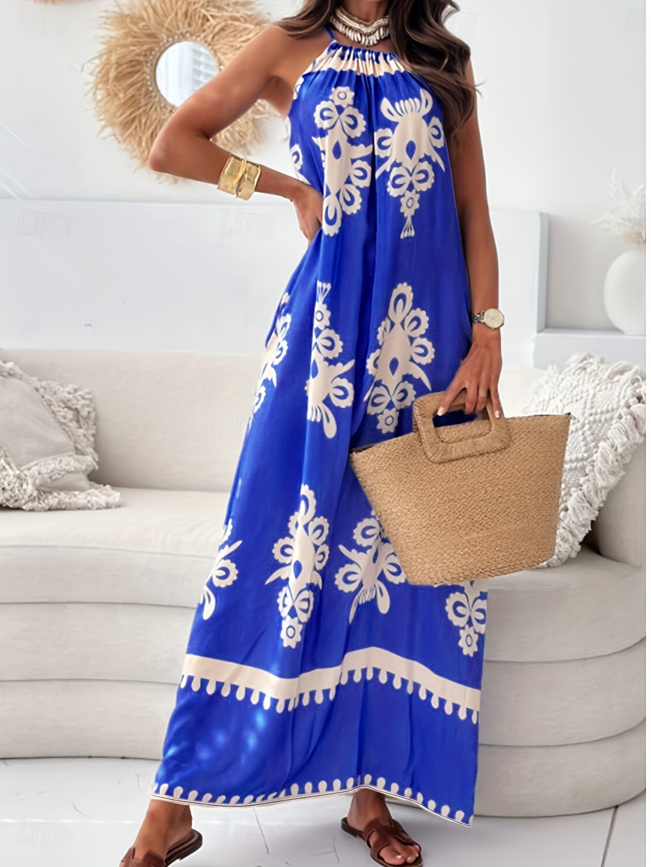 Plus Size Women'S Elegant Halter Neck Maxi Dress with Floral Print Blue  and White, Non-Stretch Fabric Spring/Summer, Beach Dress|Floral Print